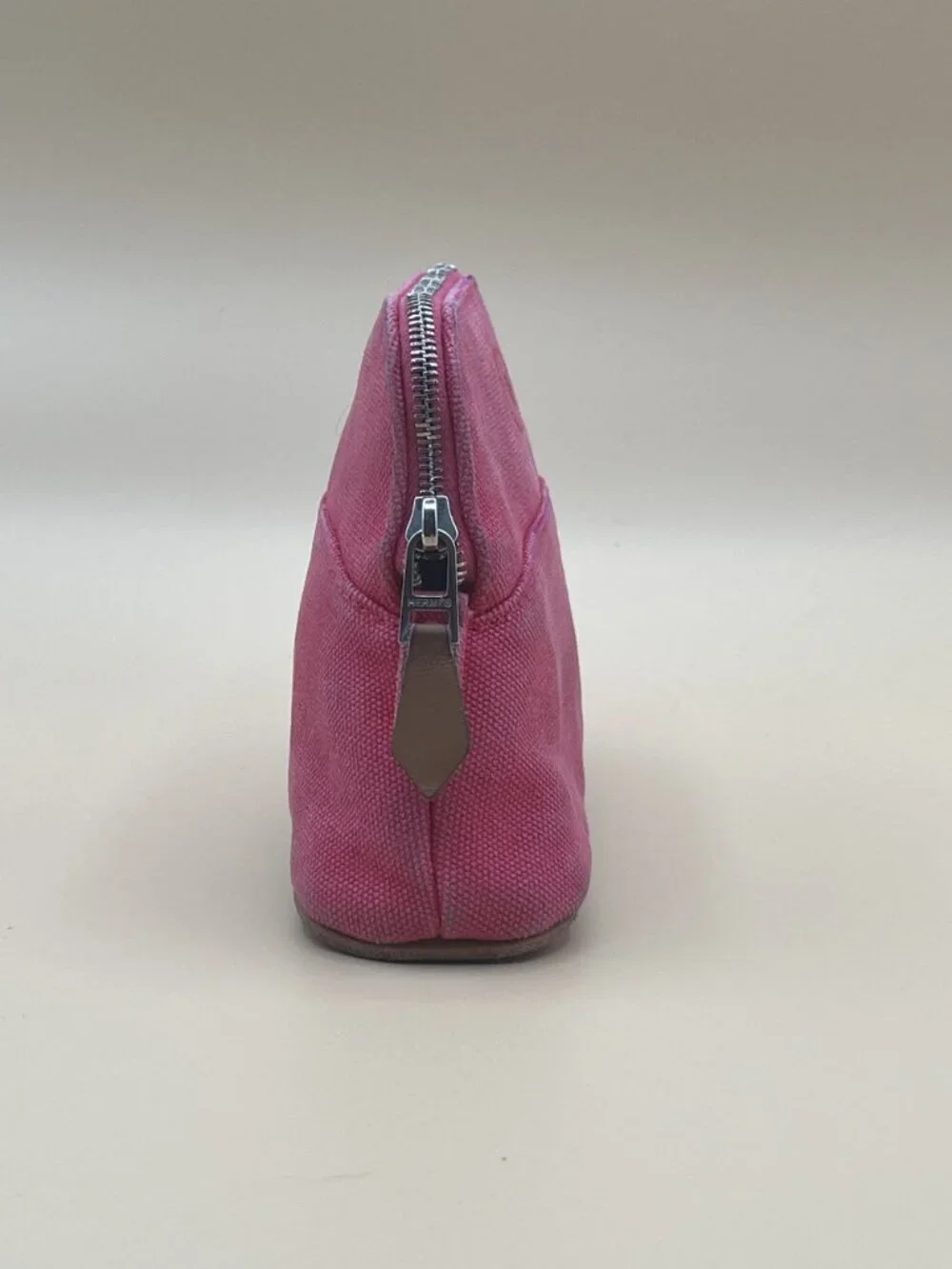 Hermes Cosmetic Pouch Pink-Red Canvas Zip Trousse Case Orange Lining Made in Fra